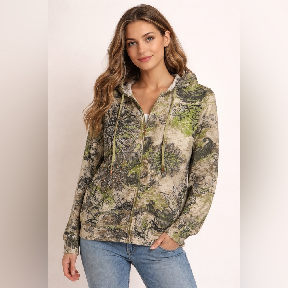 Onque Casuals Boho Zip Hoodie M Y2K Green Floral
